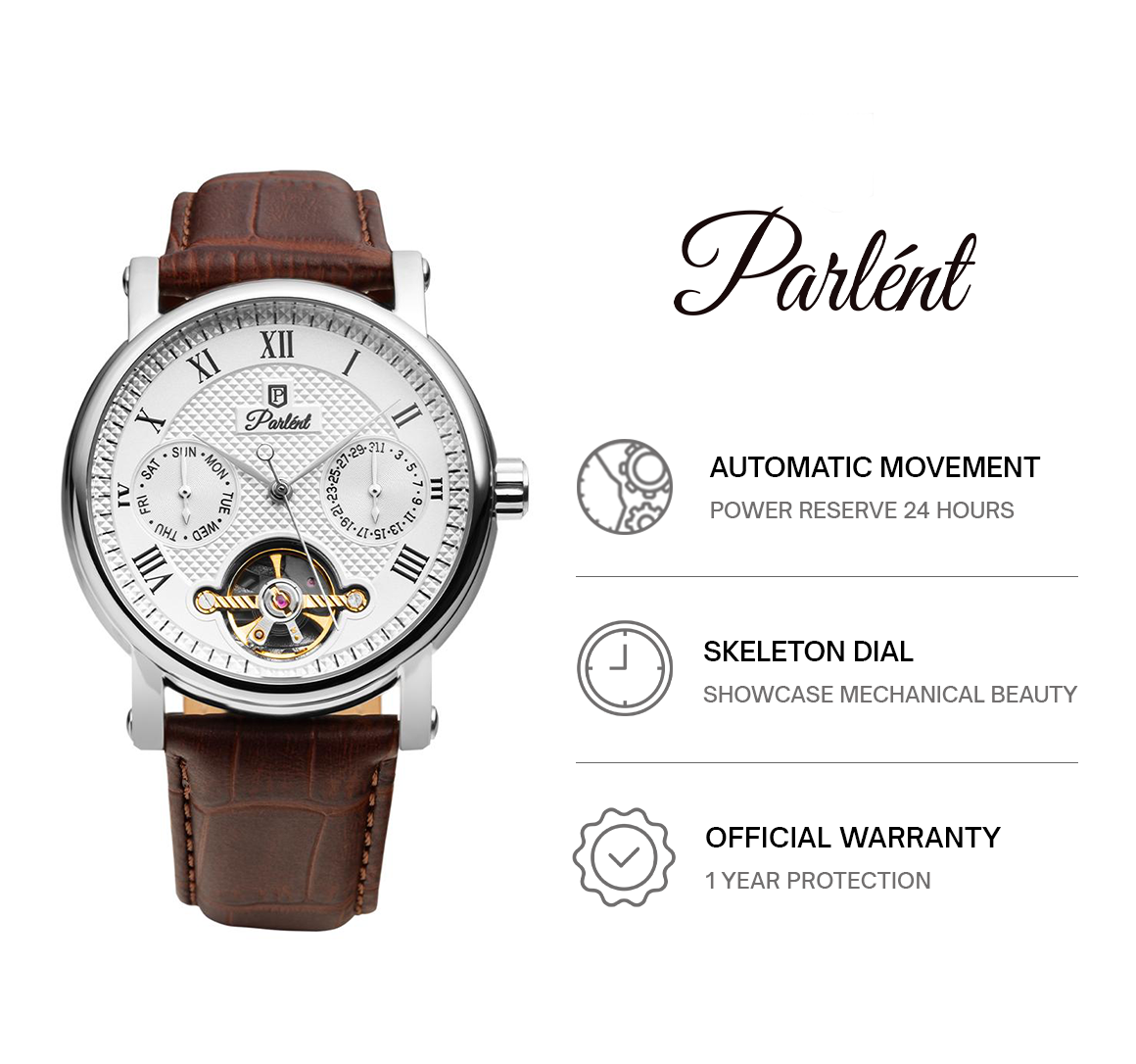 Parlent Magnus Calibre - Jam Tangan Pria 41mm, Dual Core Movement, Waterproof 5ATM (50M), Stainless Steel