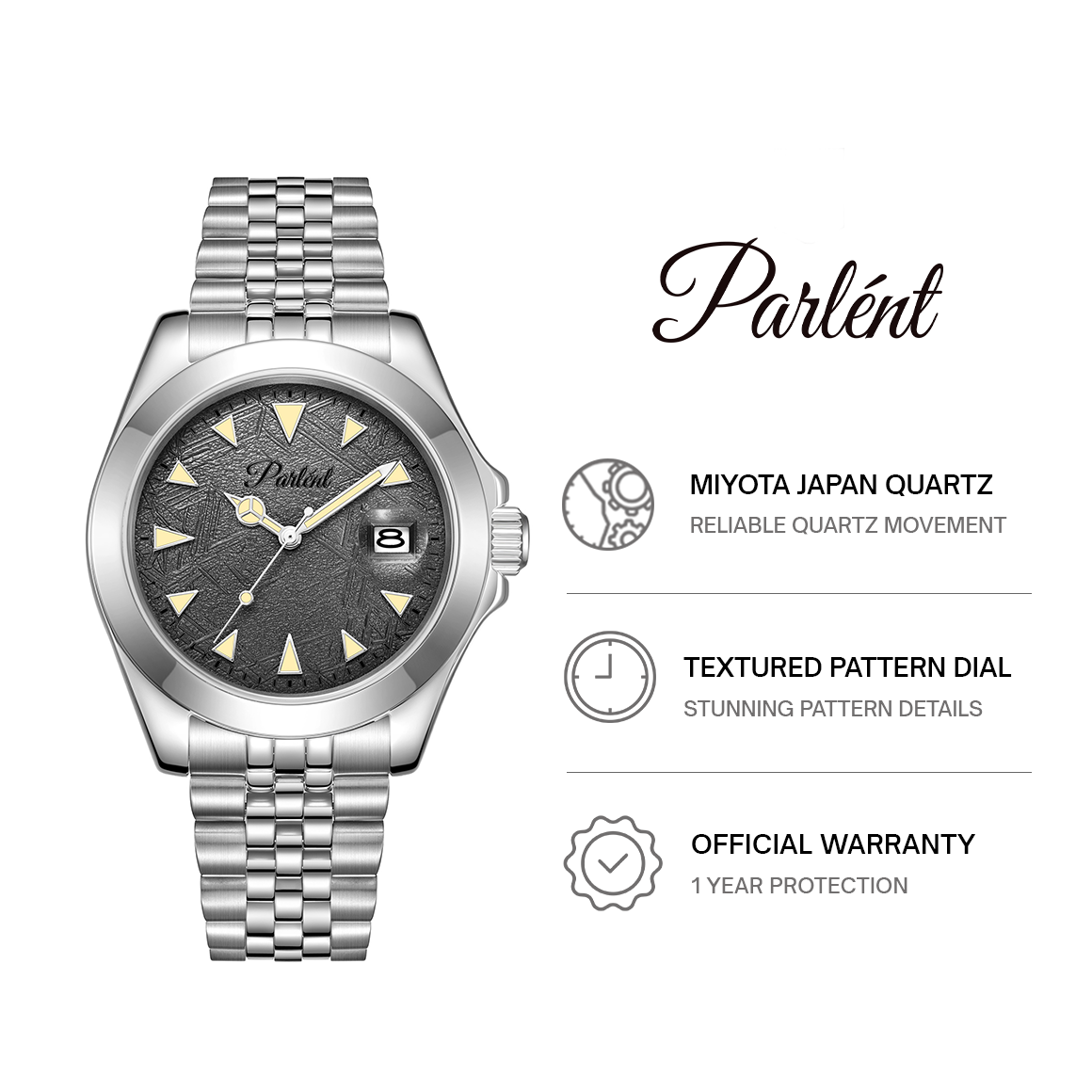 Parlent Crown Ivy - Jam Tangan Pria 40mm, Miyota Japan Quartz Movement, Waterproof 5ATM (50M), Stainless Steel