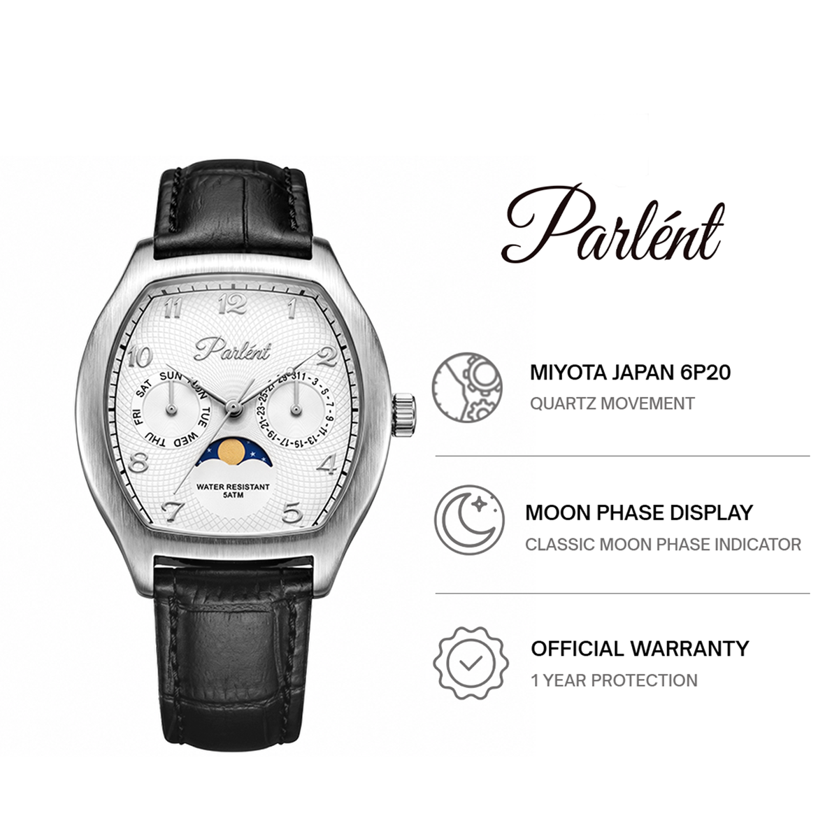 Parlent Valor - Jam Tangan Pria 36mm × 42.5mm, Miyota Japan 6P20 Quartz Movement, Waterproof 5ATM (50M), Stainless Steel