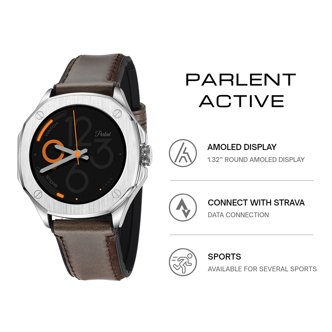 Parlent Gallant Active - Smartwatch Pria 42mm, Stainless Steel