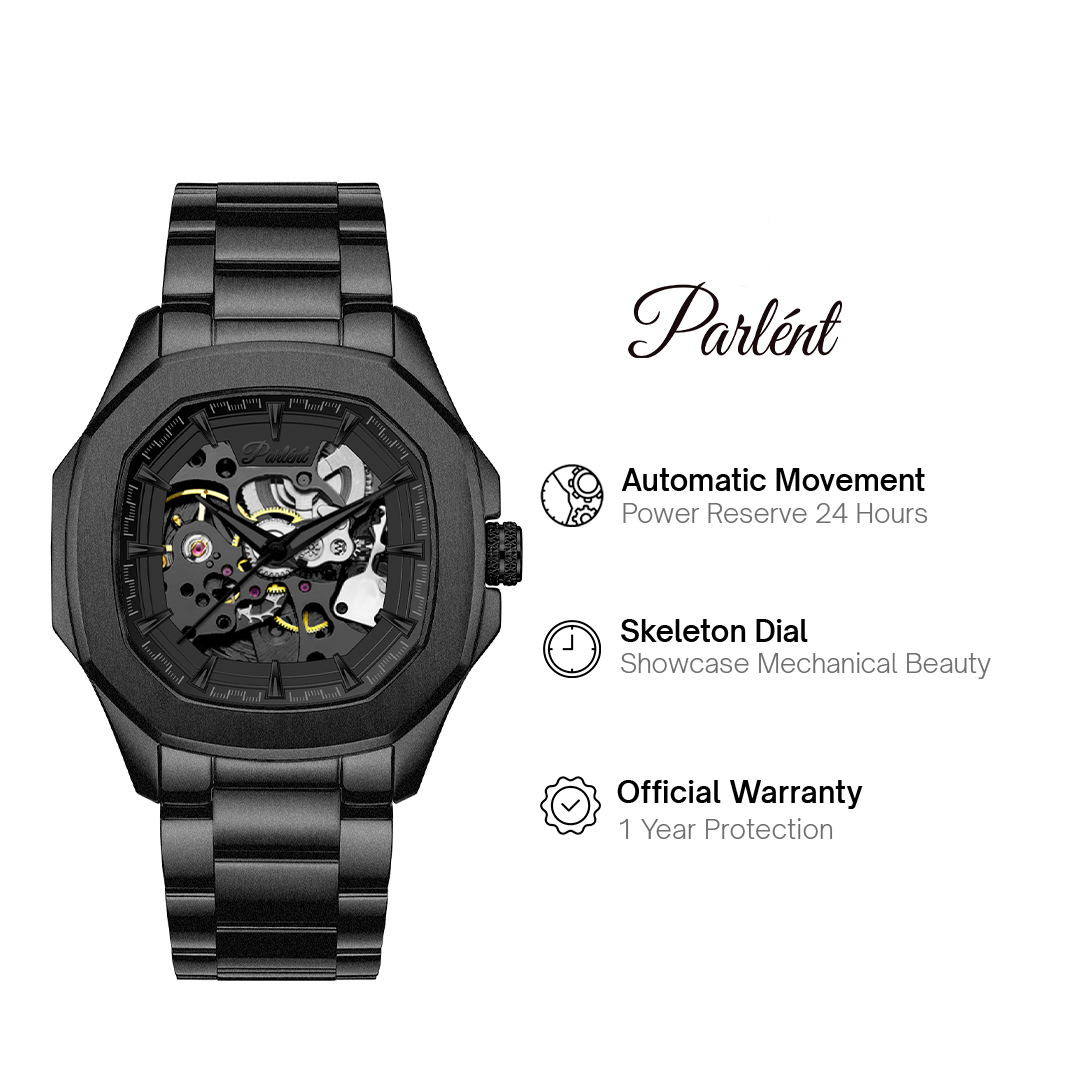 Parlent Gallant Phantom Steel - Jam Tangan Pria 42mm, Automatic Movement, Waterproof 5ATM (50M), Stainless Steel