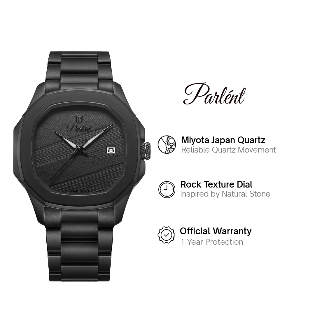 Parlent Gallant Graphite Steel - Jam Tangan Pria 42mm, Miyota Japan Quartz Movement, Waterproof 5ATM (50M), Stainless Steel