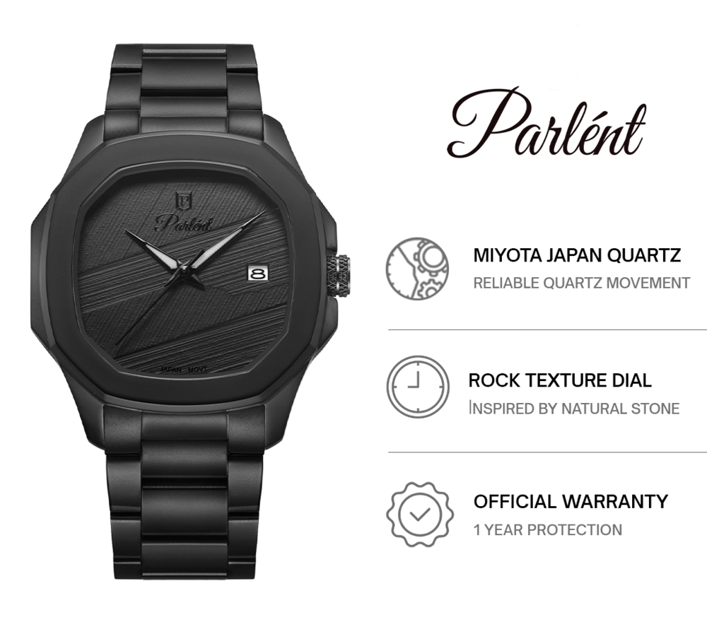 Parlent Gallant Graphite Steel - Jam Tangan Pria 42mm, Miyota Japan Quartz Movement, Waterproof 5ATM (50M), Stainless Steel