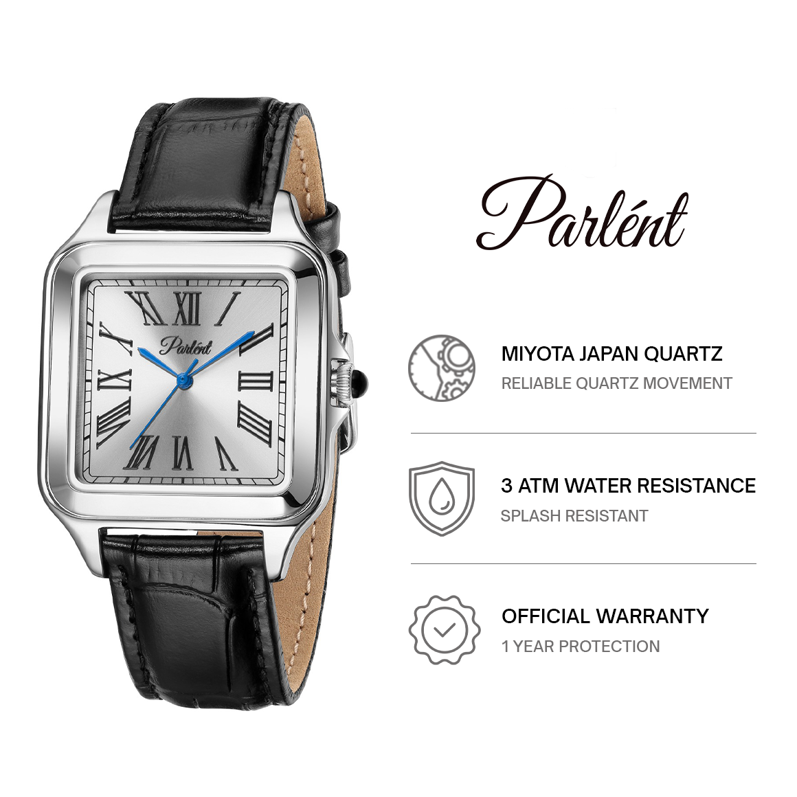 Parlent Quadra - Jam Tangan Pria 36mm & 26mm, Miyota Japan Quartz Movement, Waterproof 3ATM (30M), Stainless Steel