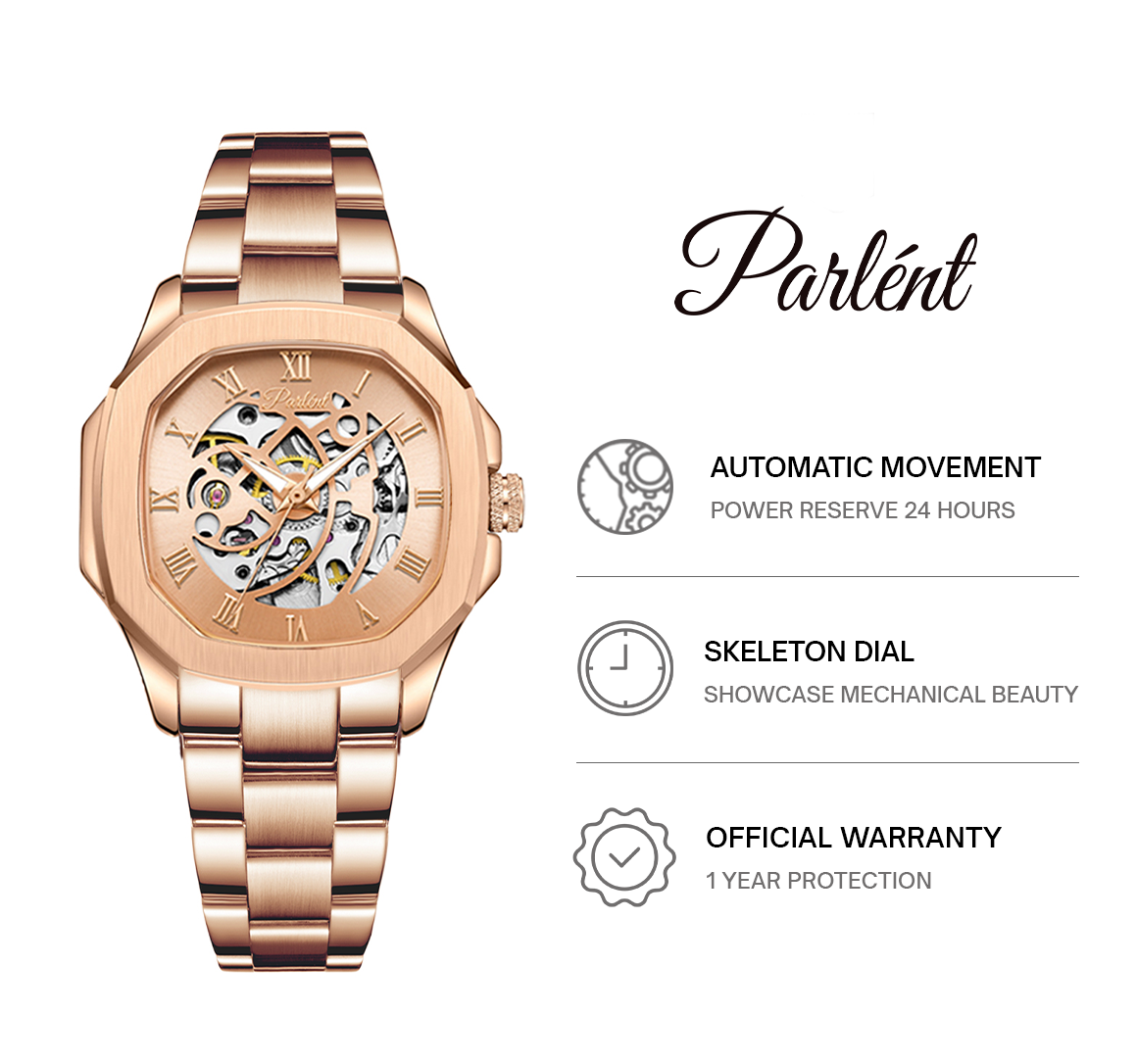 Parlent Gallant Femme Steel - Jam Tangan Wanita 34mm, Automatic Movement, Waterproof 5ATM (50M), Stainless Steel