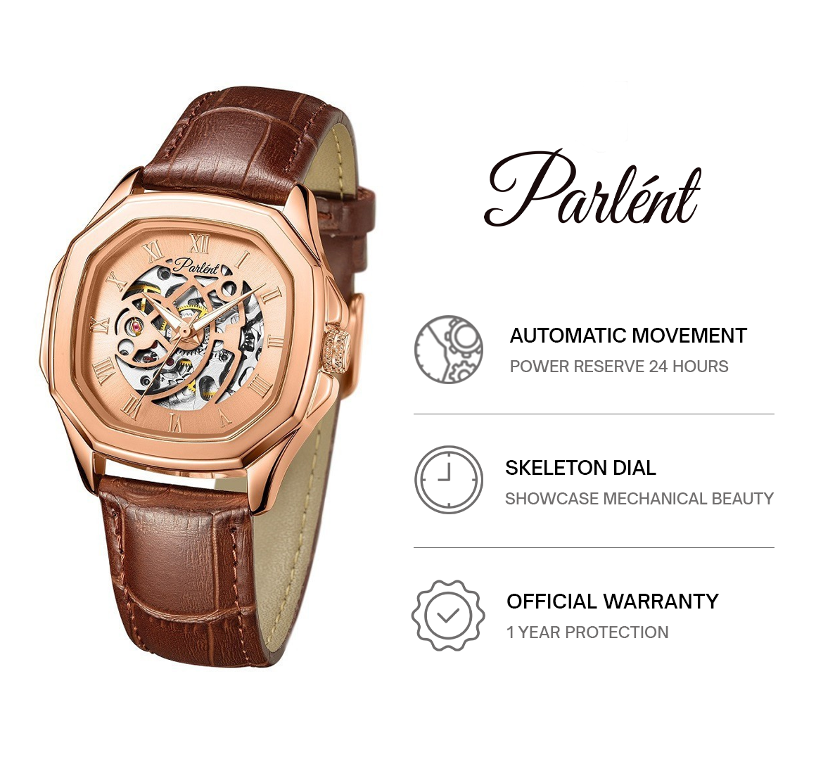 Parlent Gallant Femme - Jam Tangan Wanita 34mm, Automatic Movement, Waterproof 5ATM (50M), Stainless Steel