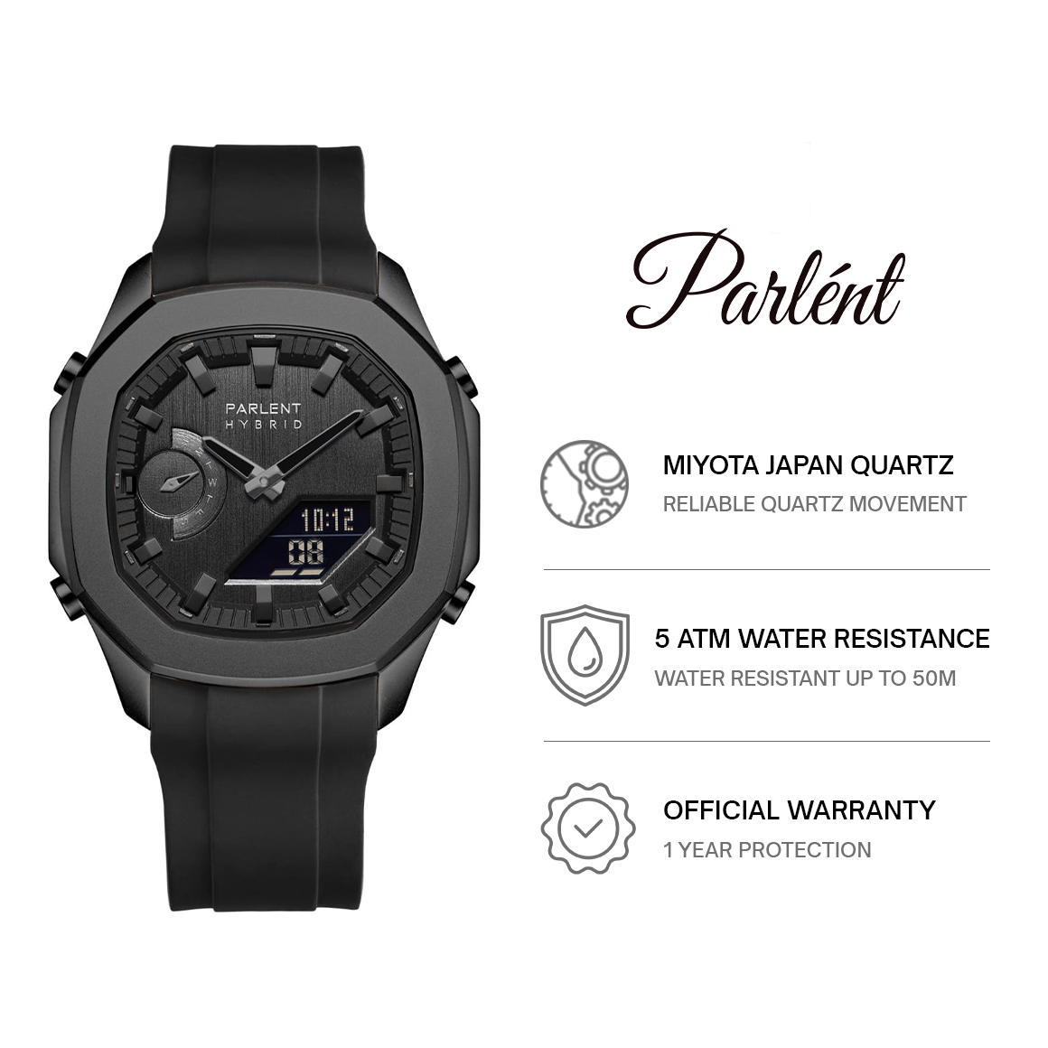 Parlent Gallant Hybrid Rubber - Jam Tangan Pria 42mm, Miyota Japan Quartz Movement, Waterproof 5ATM (50M), Stainless Steel