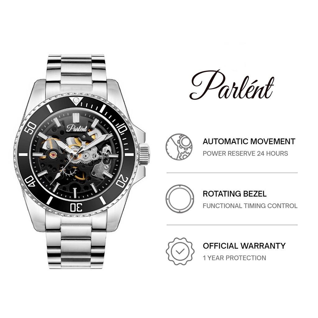 Parlent Crown Automatic - Jam Tangan Pria 40mm, Automatic Movement, Waterproof 5ATM (50M), Stainless Steel