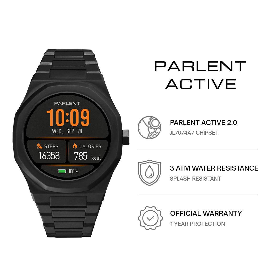 Parlent Palladium Active 2.0 - Smartwatch Pria 40mm, Waterproof 3ATM (30M), Stainless Steel