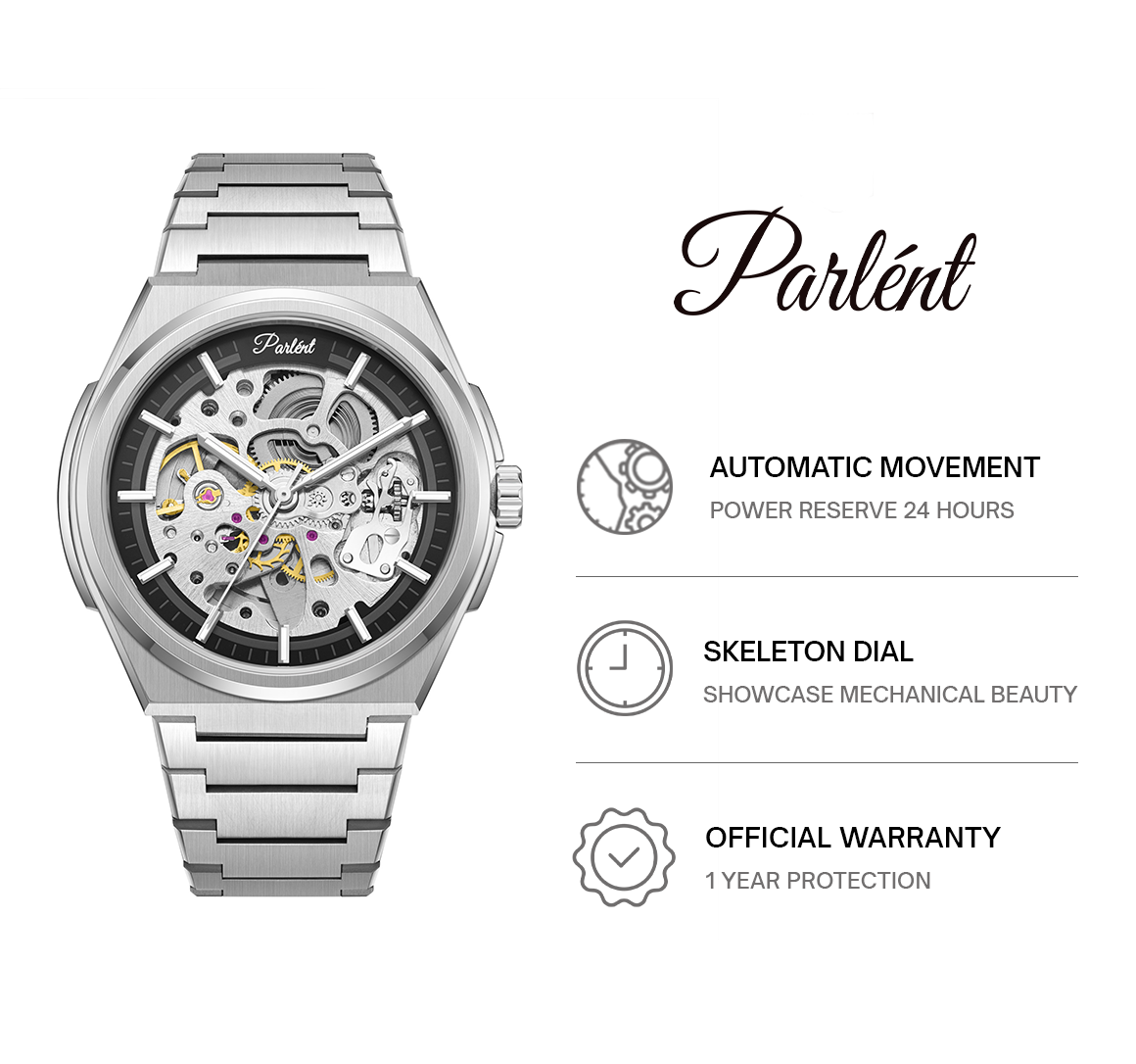 Parlent Stellar Automatic - Jam Tangan Pria 42mm, Automatic Movement, Waterproof 5ATM (50M), Stainless Steel