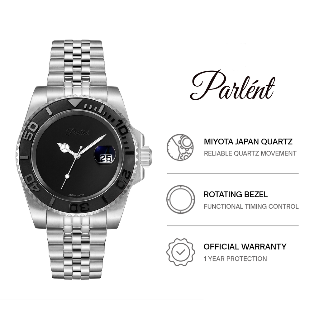 Parlent Crown Shadow - Jam Tangan Pria 40mm, Miyota Japan Quartz Movement, Waterproof 5ATM (50M), Stainless Steel