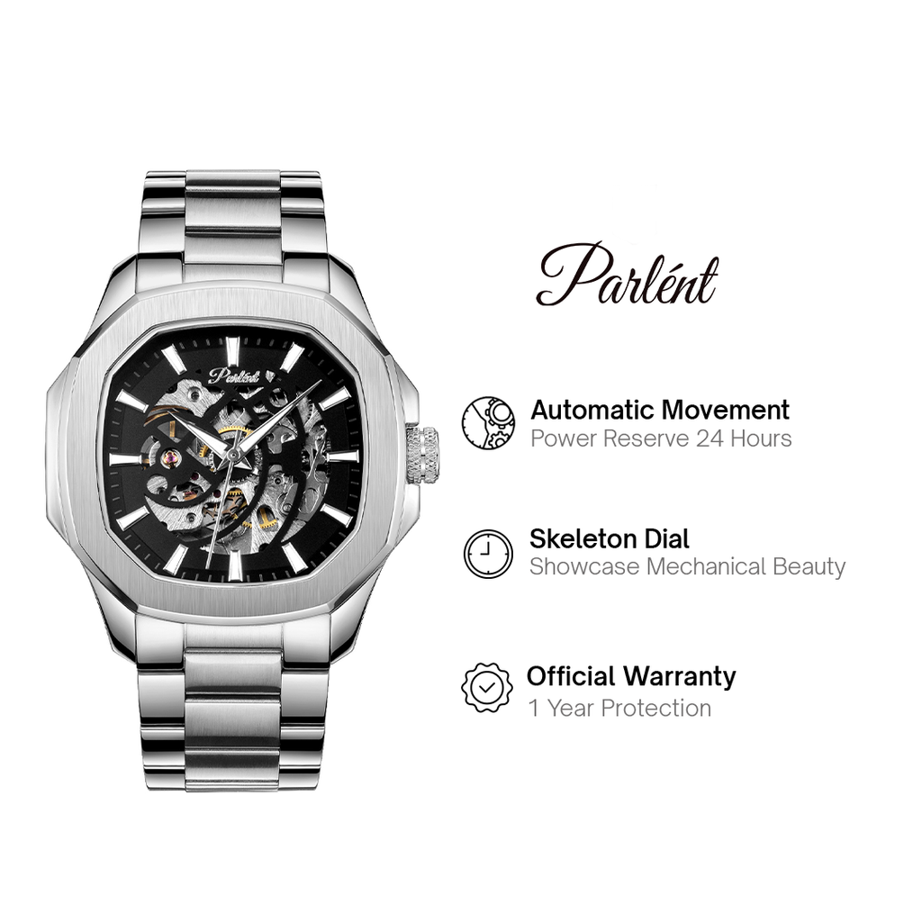 Parlent Gallant Vortex Edge Steel - Jam Tangan Pria 42mm, Automatic Movement, Waterproof 5ATM (50M), Stainless Steel