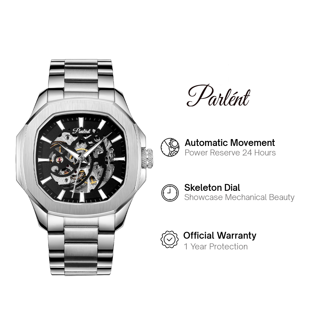 Parlent Gallant Vortex Edge Steel - Jam Tangan Pria 42mm, Automatic Movement, Waterproof 5ATM (50M), Stainless Steel