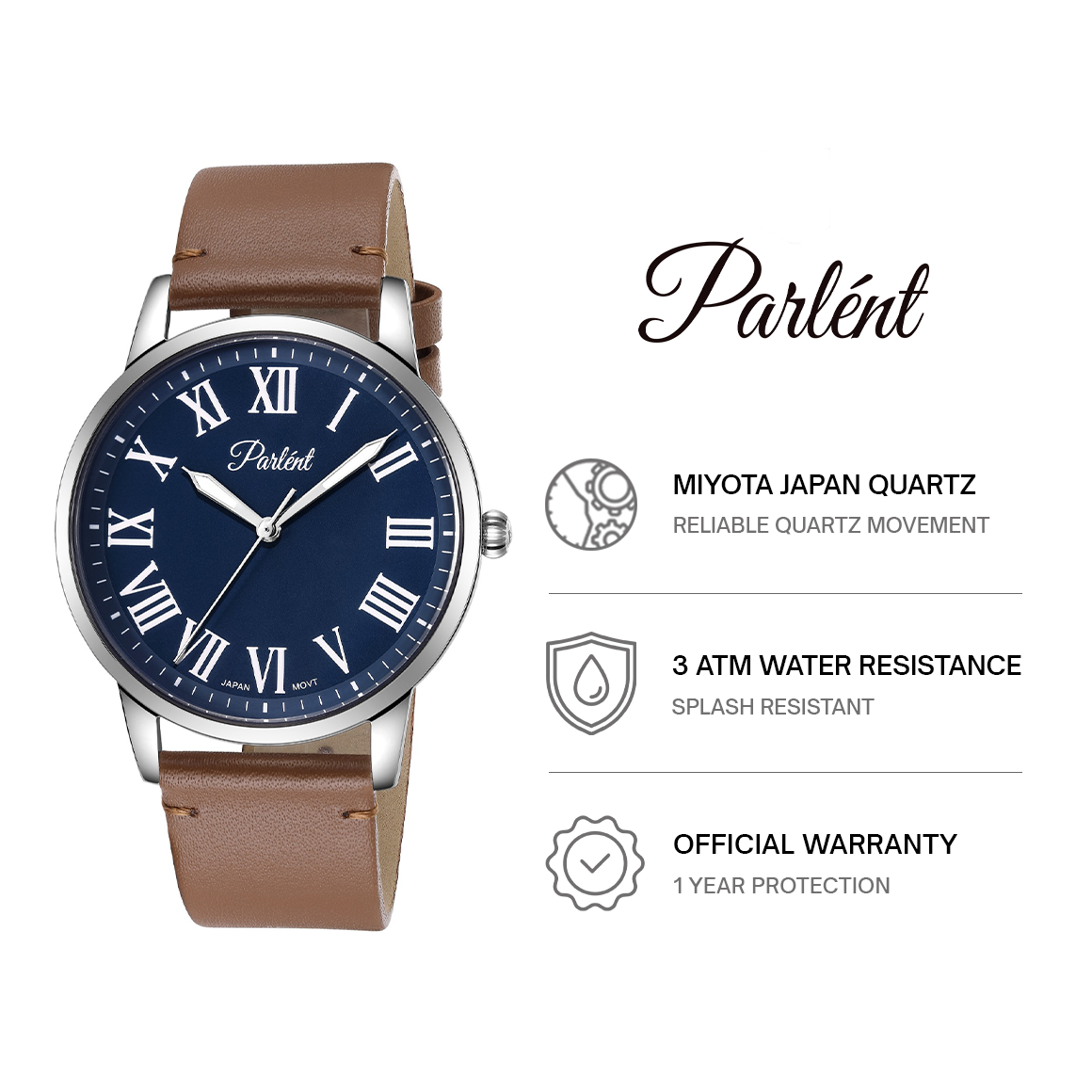 Parlent Rome - Jam Tangan Pria 40mm, Miyota Japan Quartz Movement, Waterproof 3ATM (30M), Stainless Steel
