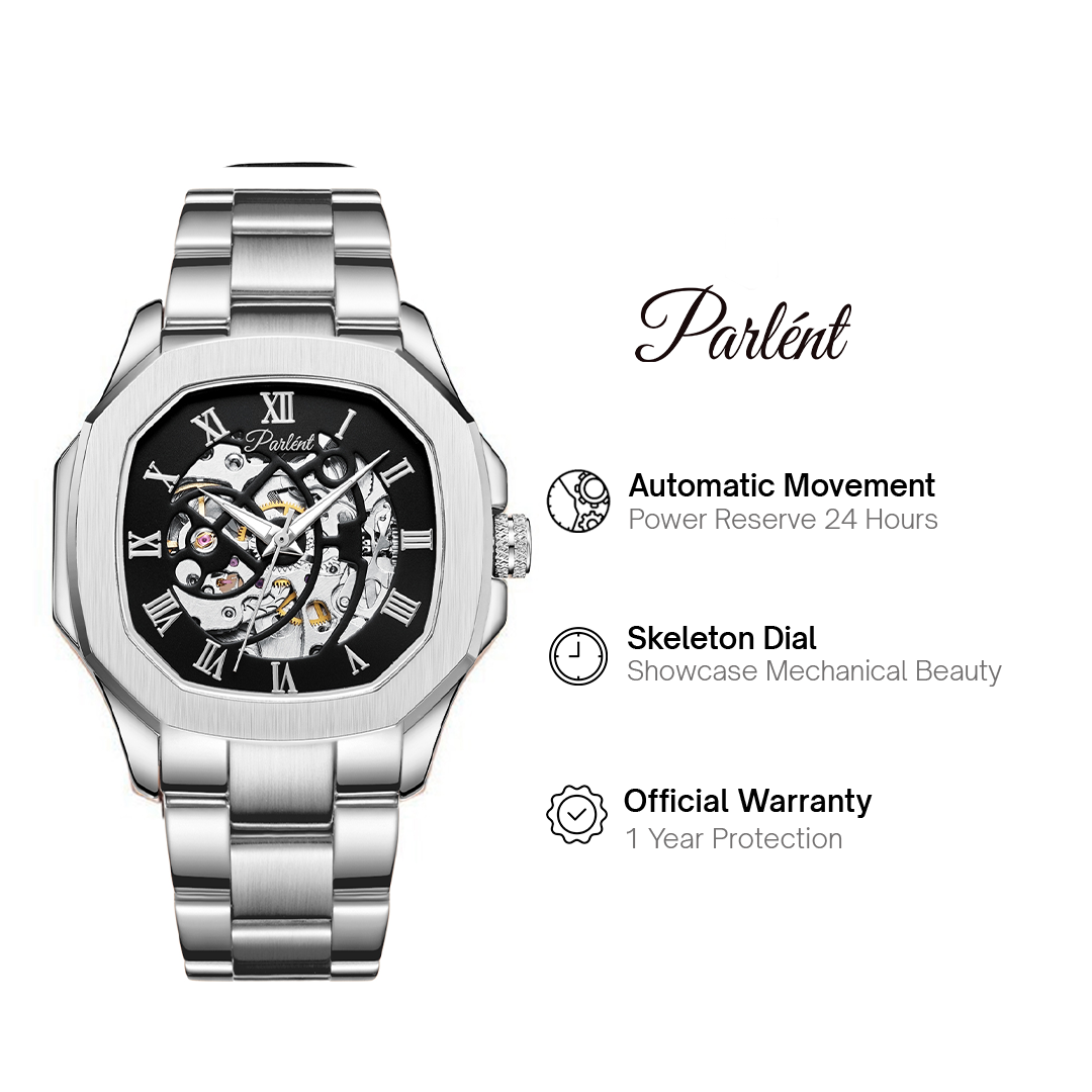 Parlent Gallant Vortex Steel - Jam Tangan Pria 42mm, Automatic Movement, Waterproof 5ATM (50M), Stainless Steel
