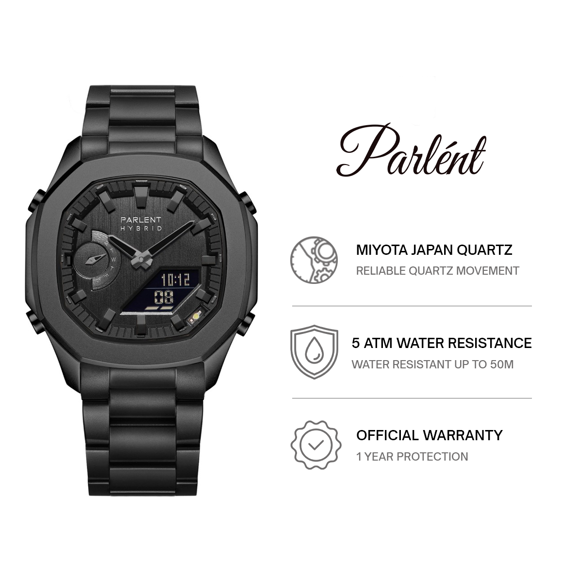 Parlent Gallant Hybrid Steel - Jam Tangan Pria 42mm, Miyota Japan Quartz Movement, Waterproof 5ATM (50M), Stainless Steel