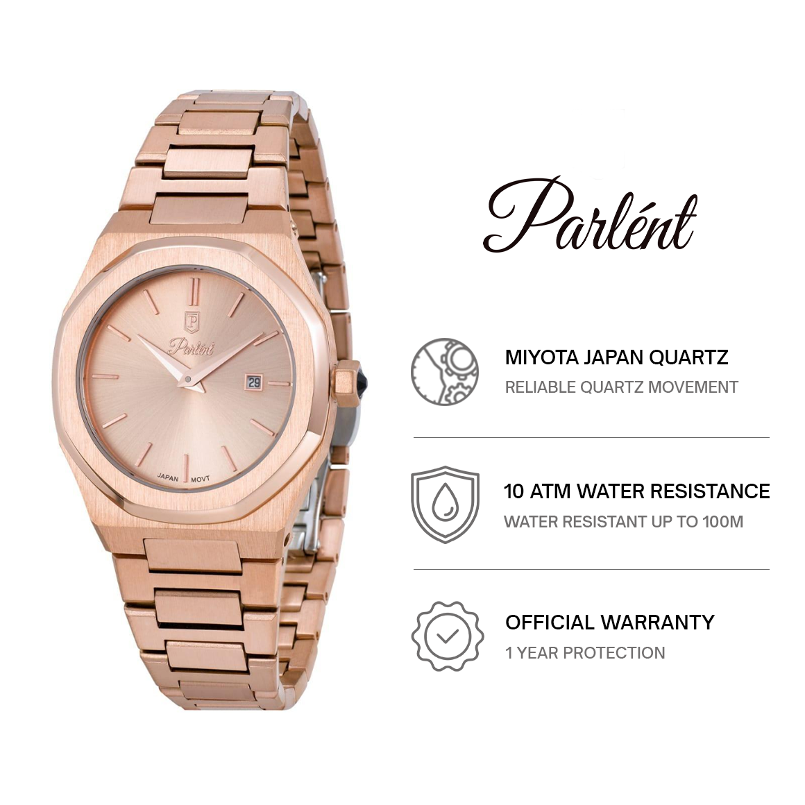 Parlent Palladium Femme Steel - Jam Tangan Wanita 34mm, Miyota Japan Quartz Movement, Waterproof 10ATM (100M), Stainless Steel