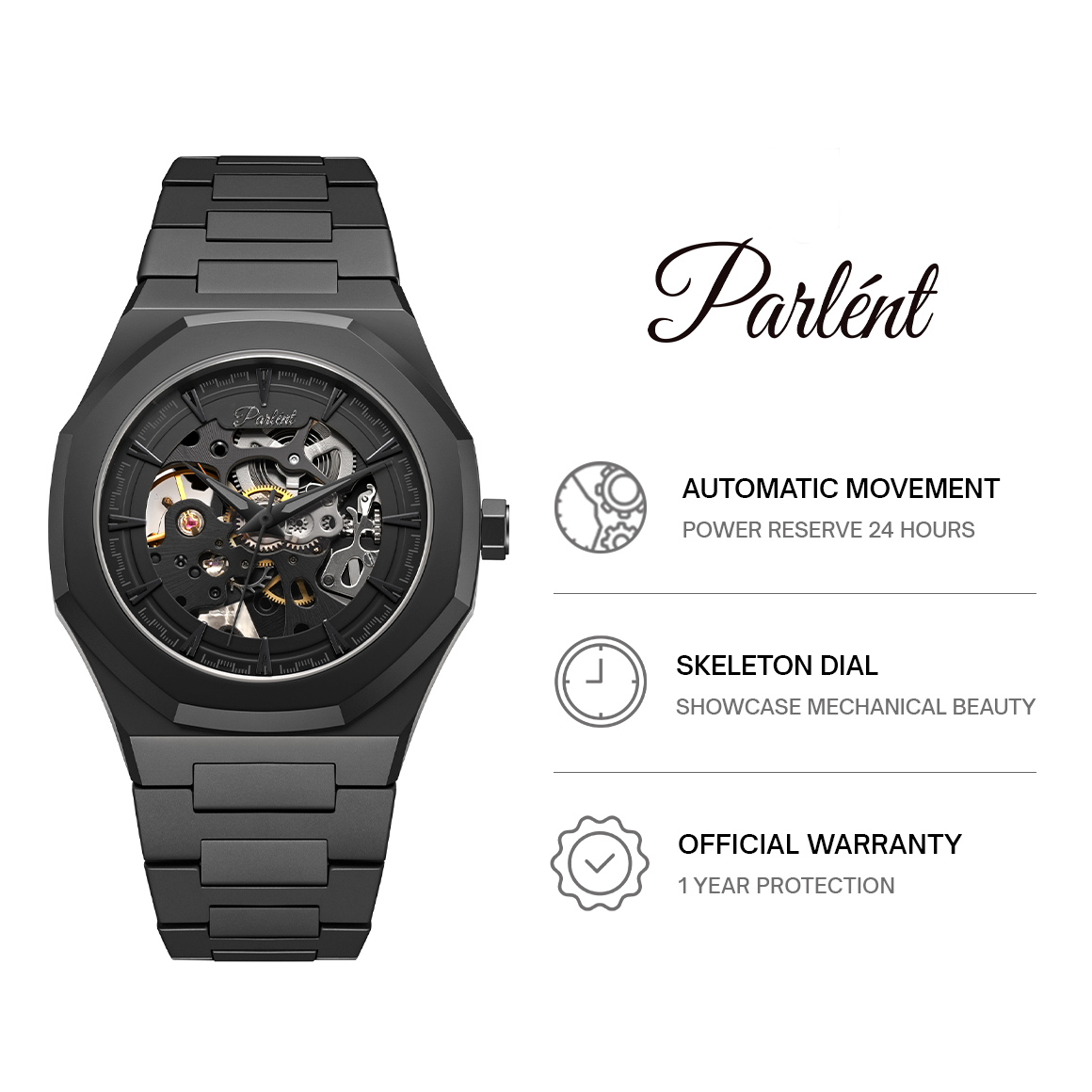 Parlent Palladium Phantom Steel - Jam Tangan Pria 40mm, Automatic Movement, Waterproof 5ATM (50M), Stainless Steel