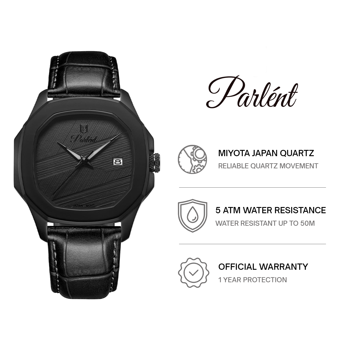 Parlent Gallant Graphite - Jam Tangan Pria 42mm, Miyota Japan Quartz Movement, Waterproof 5ATM (50M), Stainless Steel