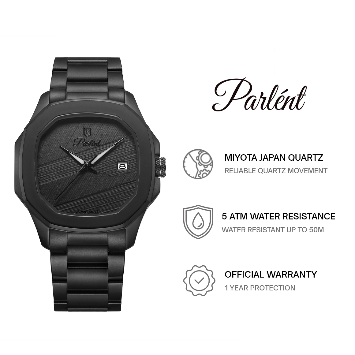Parlent Gallant Graphite Steel - Jam Tangan Pria 42mm, Miyota Japan Quartz Movement, Waterproof 5ATM (50M), Stainless Steel