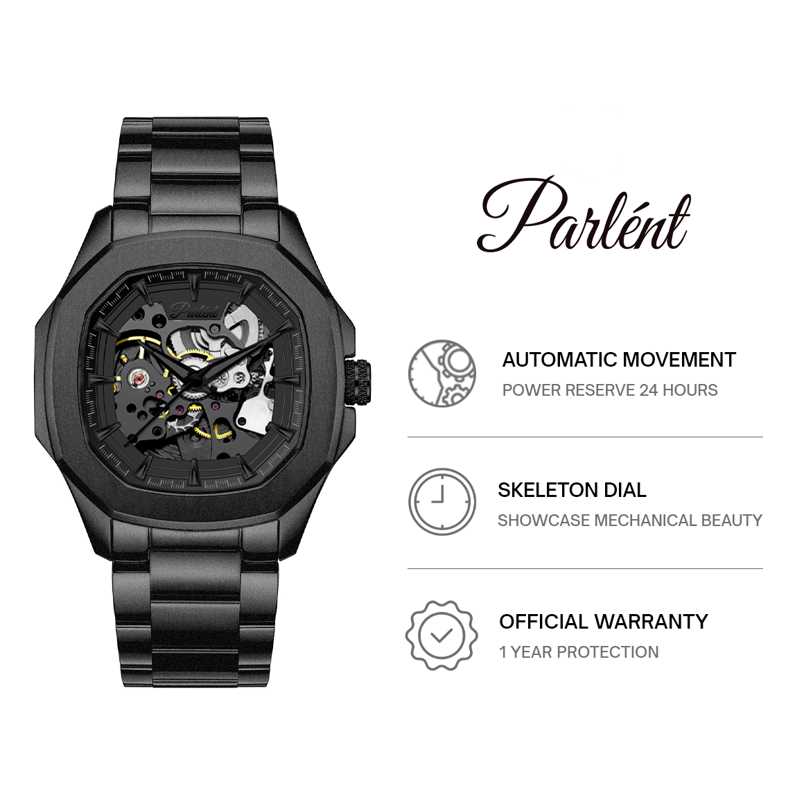 Parlent Gallant Phantom Steel - Jam Tangan Pria 42mm, Automatic Movement, Waterproof 5ATM (50M), Stainless Steel