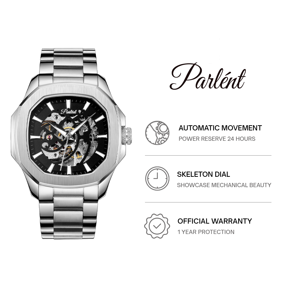 Parlent Gallant Vortex Edge Steel - Jam Tangan Pria 42mm, Automatic Movement, Waterproof 5ATM (50M), Stainless Steel