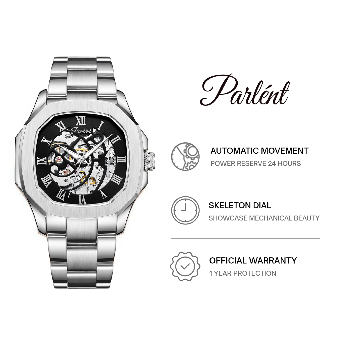 Parlent Gallant Vortex Steel - Jam Tangan Pria 42mm, Automatic Movement, Waterproof 5ATM (50M), Stainless Steel