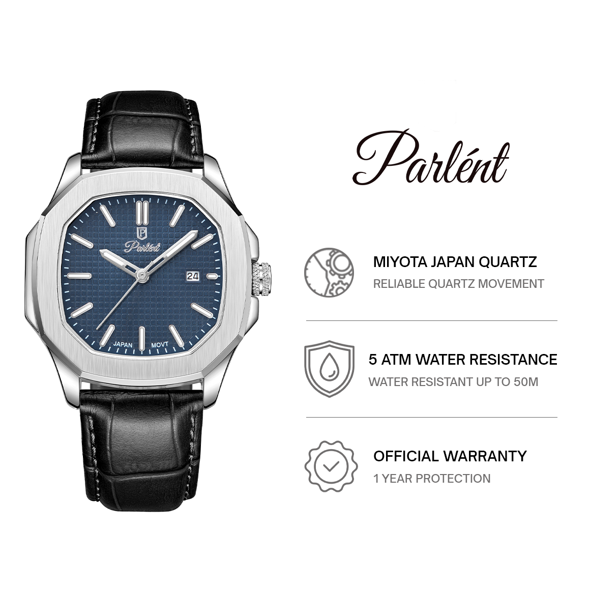 Parlent Phoenix - Jam Tangan Pria 42mm, Miyota Japan Quartz Movement, Waterproof 5ATM (50M), Stainless Steel