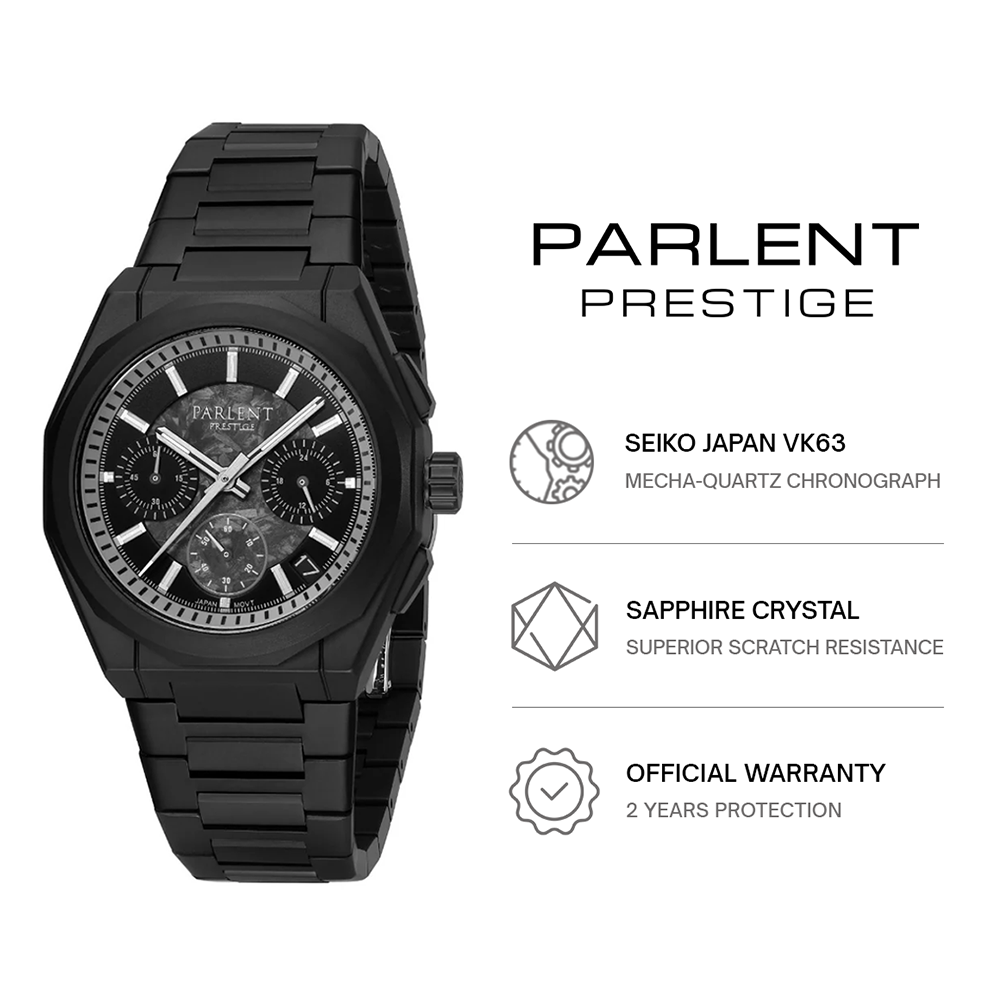 Parlent Prestige Stratos - Jam Tangan Pria 39mm, Seiko Japan VK63 Mecha-Quartz Movement, Waterproof 10ATM (100M), Stainless Steel