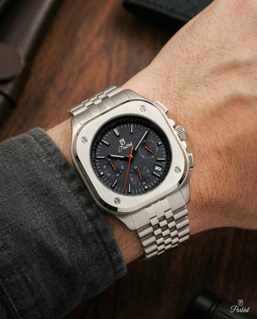Parlent Sentinel - Jam Tangan Pria 42mm, Seiko Japan VD53 Quartz Movement, Waterproof 5ATM (50M), Stainless Steel