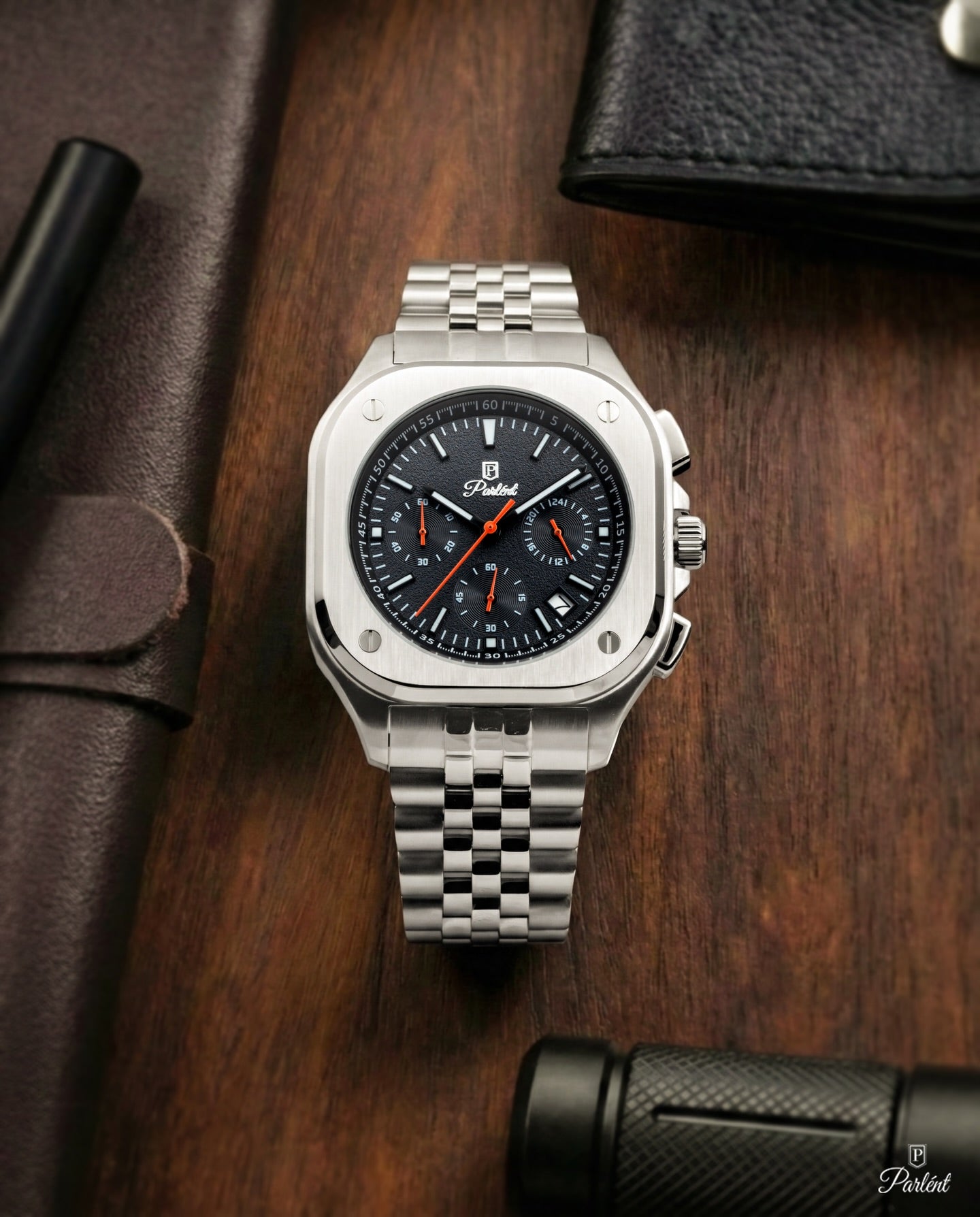 Parlent Sentinel - Jam Tangan Pria 42mm, Seiko Japan VD53 Quartz Movement, Waterproof 5ATM (50M), Stainless Steel