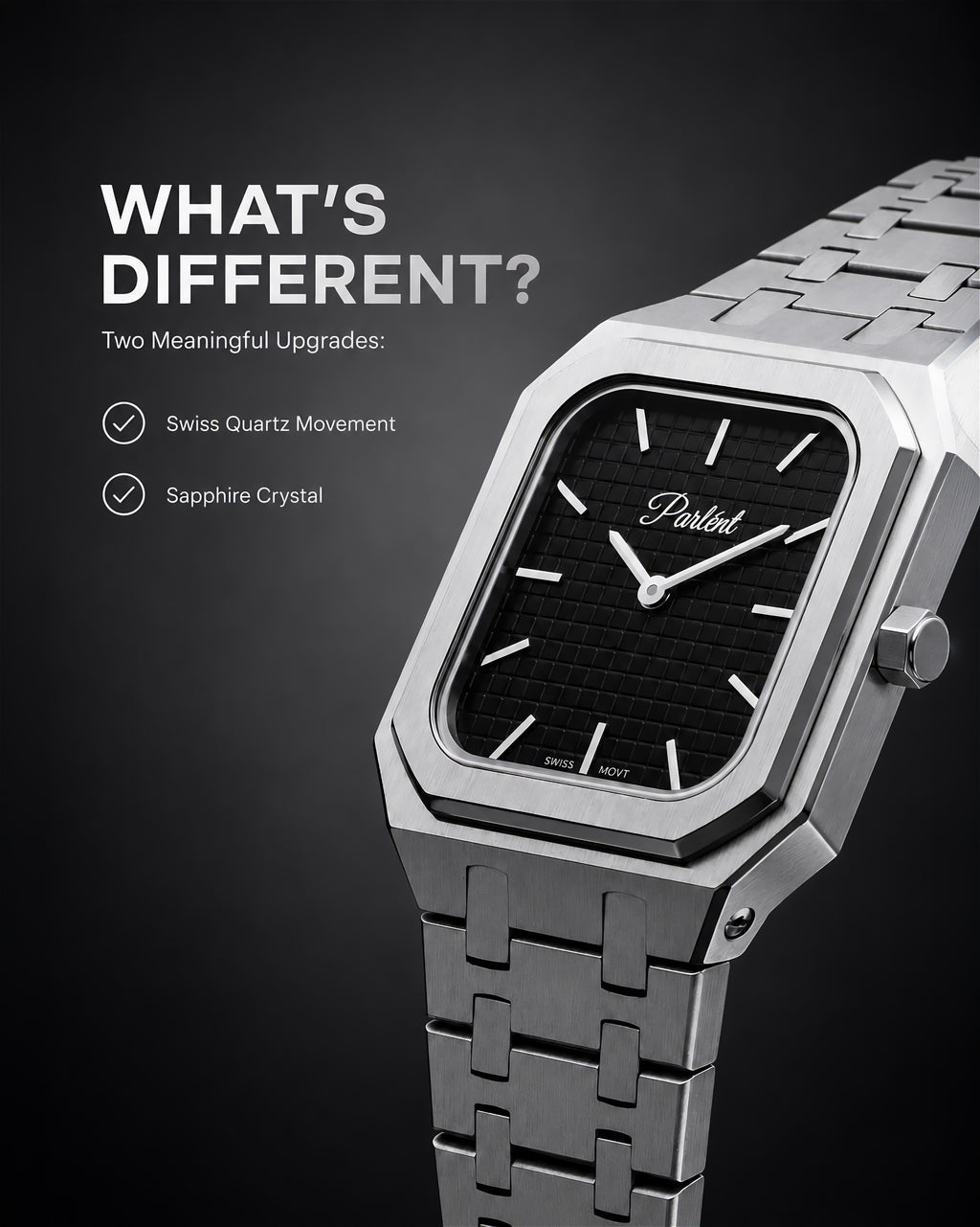 Parlent Cortez Prime - Jam Tangan Pria 40mm, Swiss Ronda 762 Quartz Movement, Waterproof 5ATM (50M), Stainless Steel